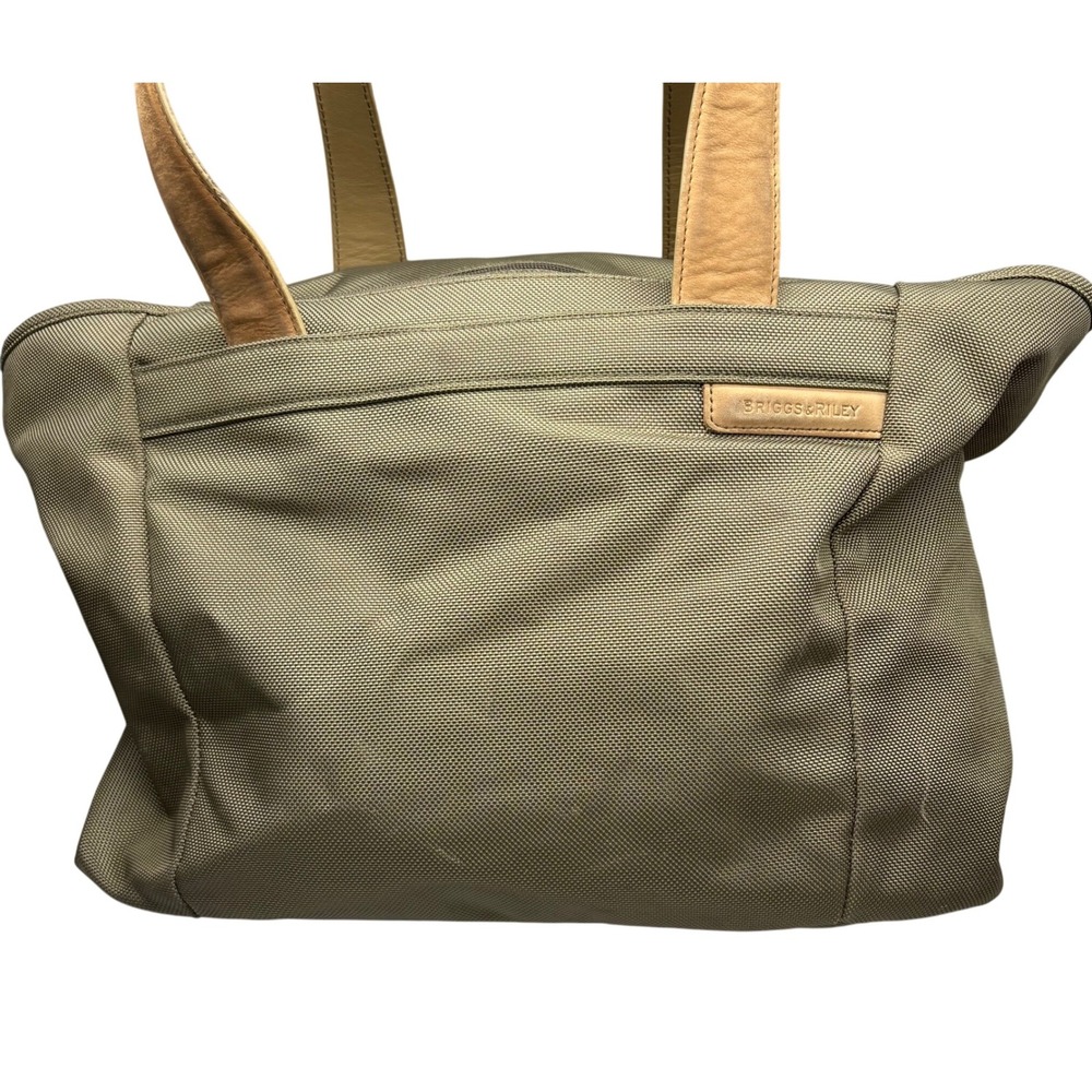 Briggs & Riley Olive Green Baseline Shopping Tote Bag Nylon Leather Trim Travel‎